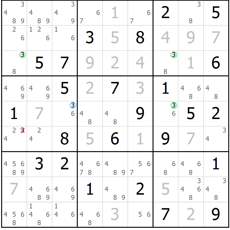 Position des candidats pour la solution de la Gr 69 page 72 du magazine de sudoku Virtuose n° 116