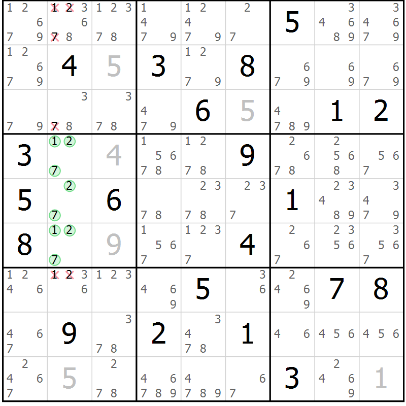 Position des candidats pour la solution de la Gr 7 page 10 du magazine de sudoku Virtuose n° 116