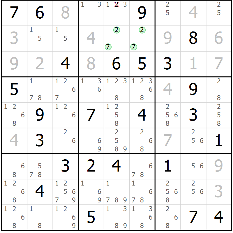 Position des candidats pour la solution de la Gr 70 page 73 du magazine de sudoku Virtuose n° 116