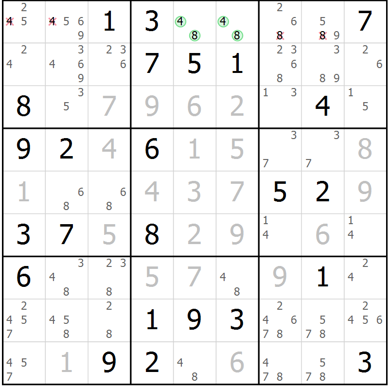 Position des candidats pour la solution de la Gr 71 page 74 du magazine de sudoku Virtuose n° 116