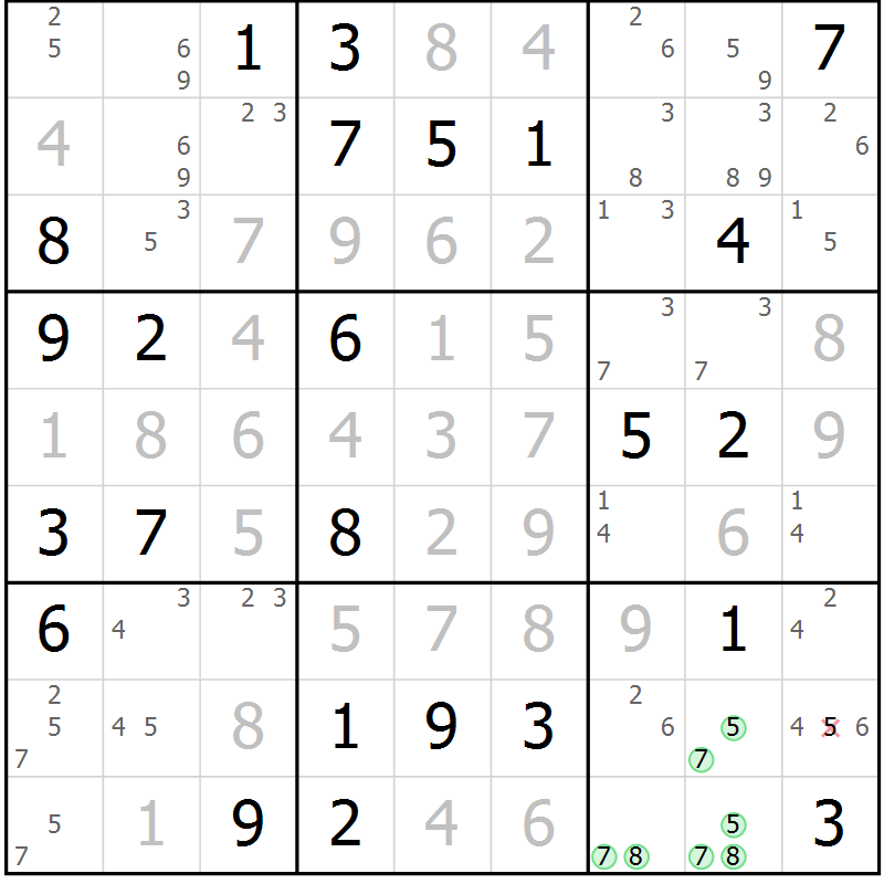 Position des candidats pour la solution de la Gr 71 page 74 du magazine de sudoku Virtuose n° 116