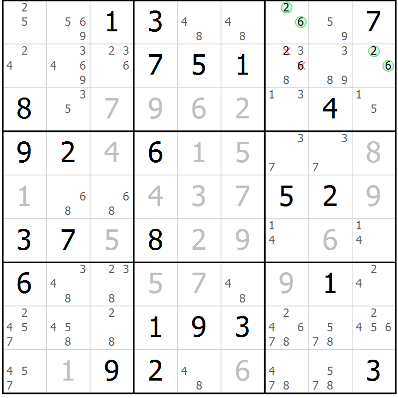 Position des candidats pour la solution de la Gr 71 page 74 du magazine de sudoku Virtuose n° 116