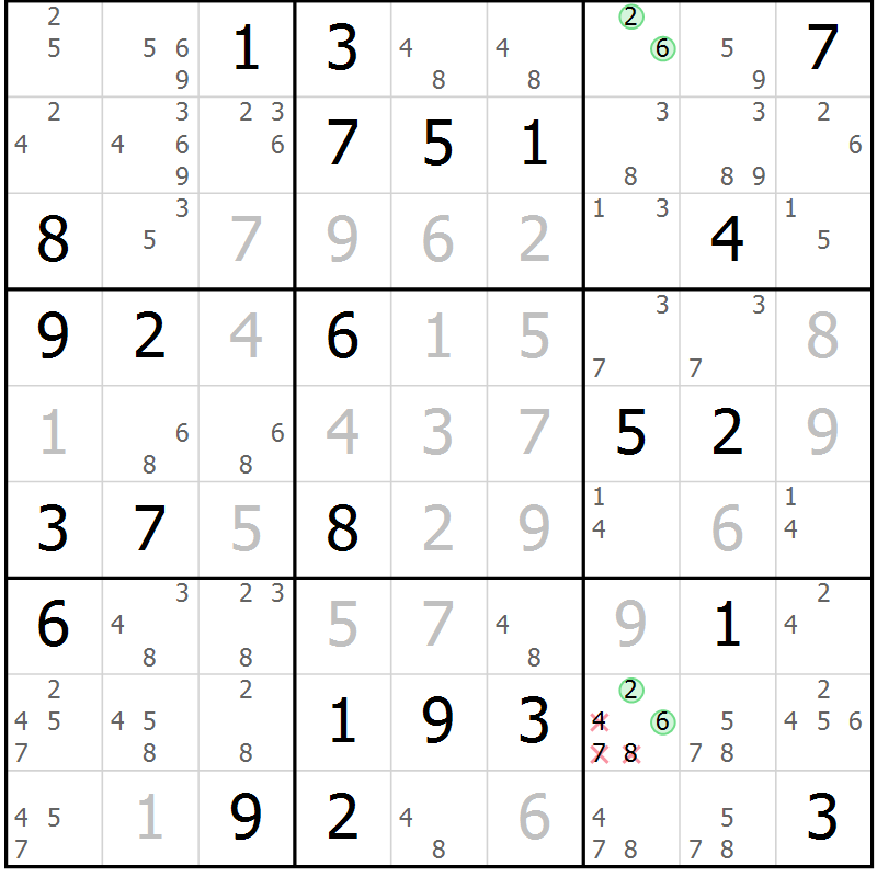 Position des candidats pour la solution de la Gr 71 page 74 du magazine de sudoku Virtuose n° 116