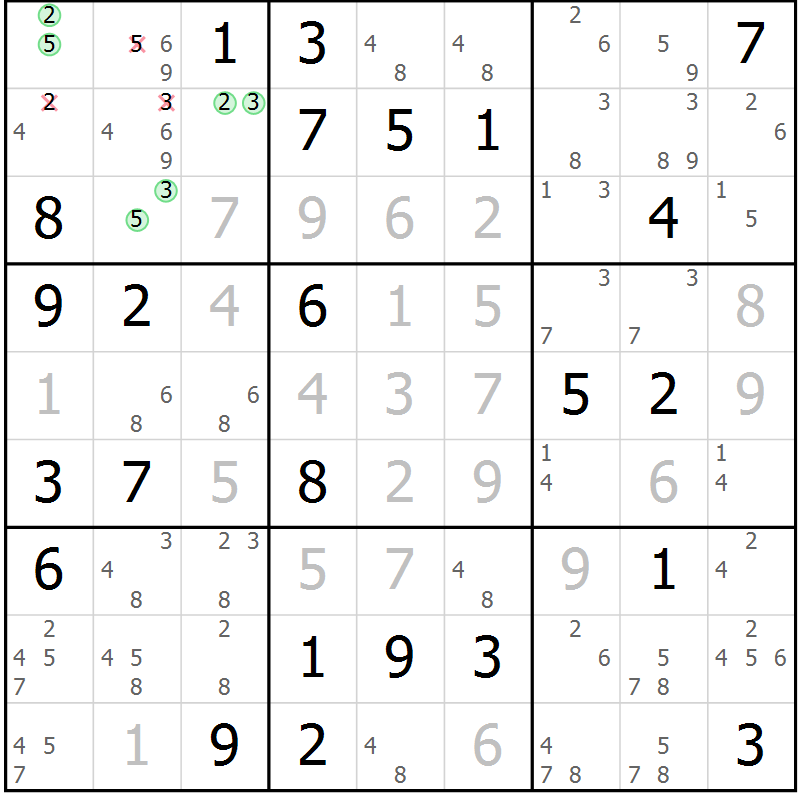 Position des candidats pour la solution de la Gr 71 page 74 du magazine de sudoku Virtuose n° 116