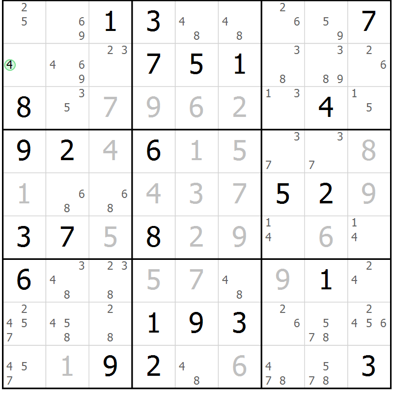 Position des candidats pour la solution de la Gr 71 page 74 du magazine de sudoku Virtuose n° 116