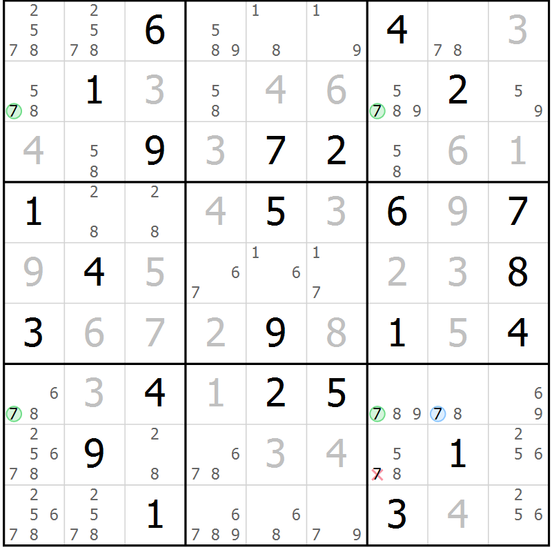 Position des candidats pour la solution de la Gr 72 page 75 du magazine de sudoku Virtuose n° 116
