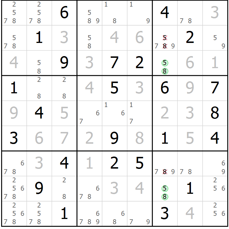 Position des candidats pour la solution de la Gr 72 page 75 du magazine de sudoku Virtuose n° 116