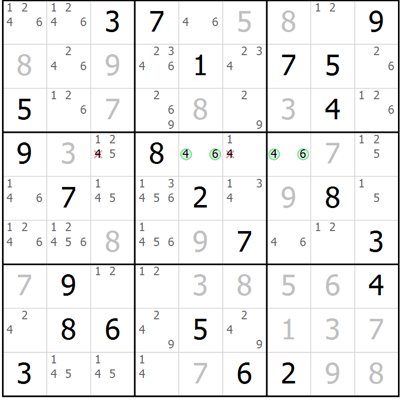 Position des candidats pour la solution de la Gr 73 page 76 du magazine de sudoku Virtuose n° 116