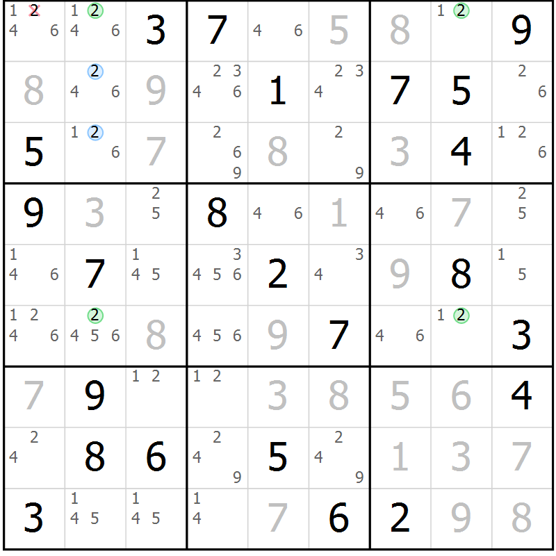 Position des candidats pour la solution de la Gr 73 page 76 du magazine de sudoku Virtuose n° 116