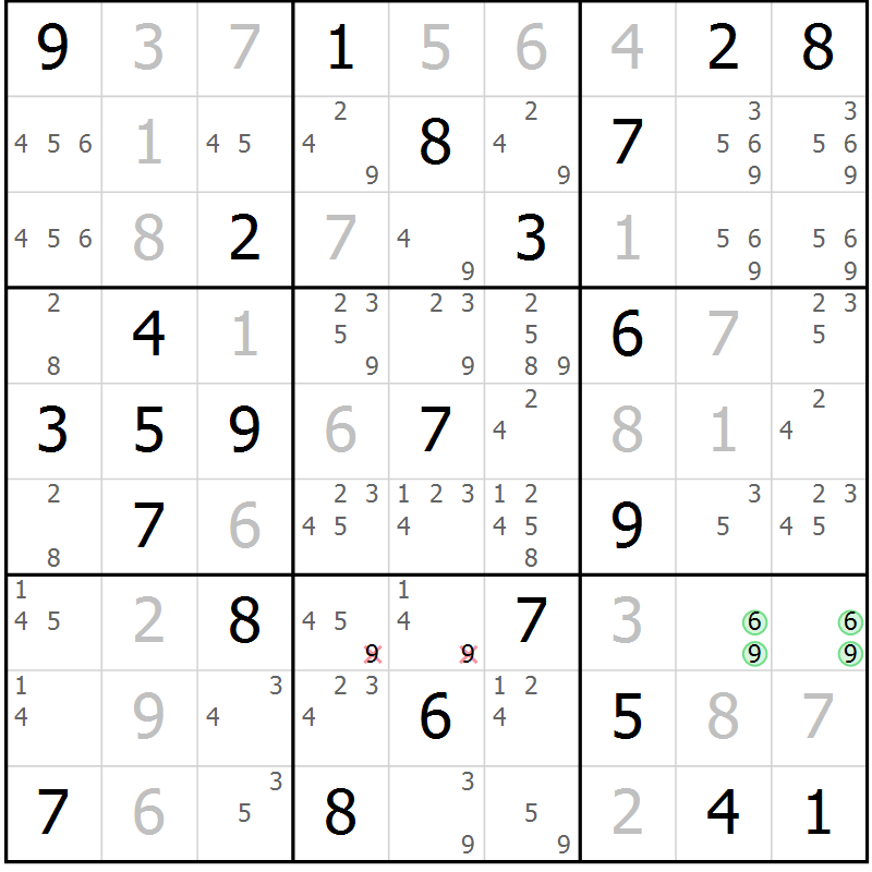 Position des candidats pour la solution de la Gr 74 page 77 du magazine de sudoku Virtuose n° 116