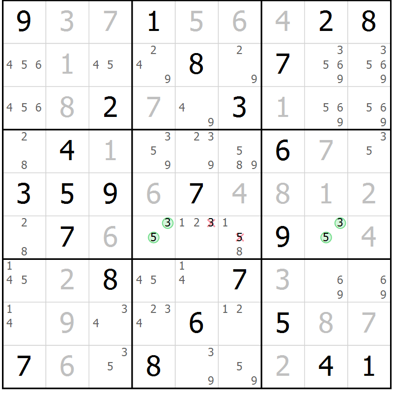 Position des candidats pour la solution de la Gr 74 page 77 du magazine de sudoku Virtuose n° 116