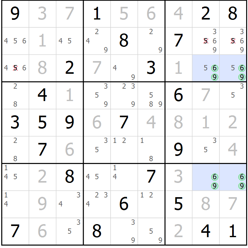 Position des candidats pour la solution de la Gr 74 page 77 du magazine de sudoku Virtuose n° 116