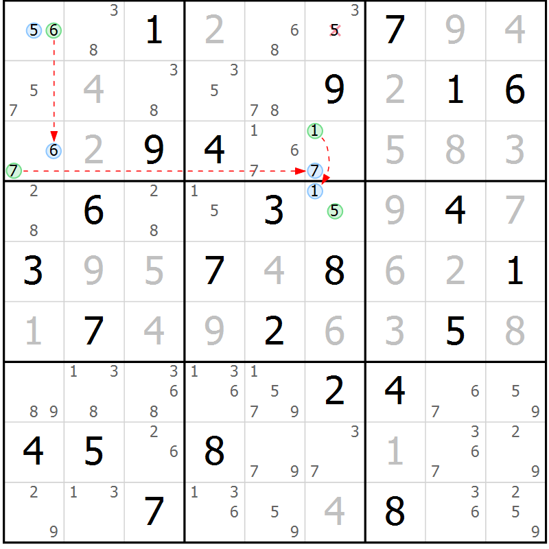 Position des candidats pour la solution de la Gr 75 page 78 du magazine de sudoku Virtuose n° 116