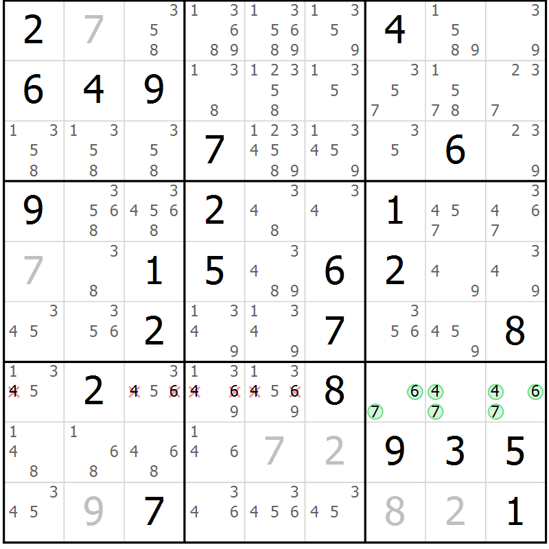 Position des candidats pour la solution de la Gr 76 page 79 du magazine de sudoku Virtuose n° 116
