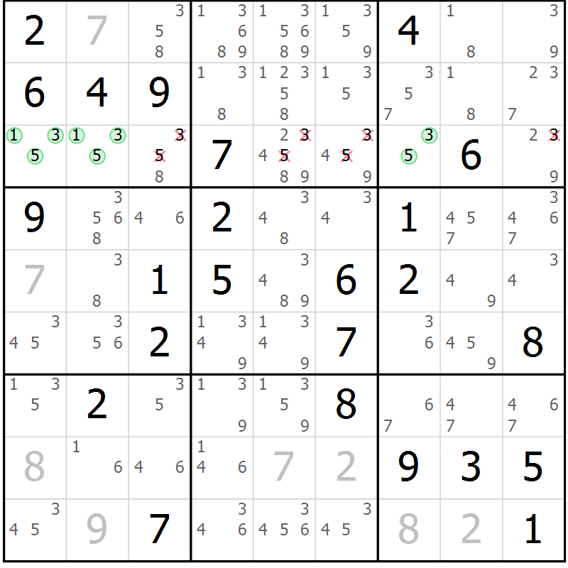 Position des candidats pour la solution de la Gr 76 page 79 du magazine de sudoku Virtuose n° 116