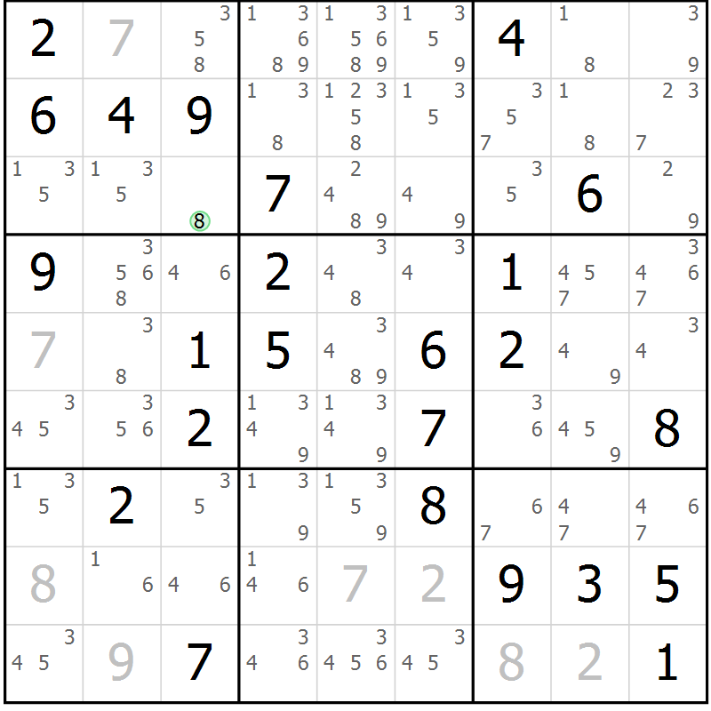 Position des candidats pour la solution de la Gr 76 page 79 du magazine de sudoku Virtuose n° 116