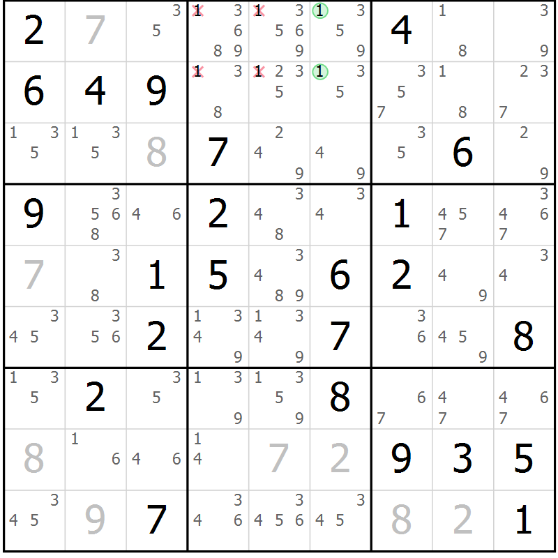 Position des candidats pour la solution de la Gr 76 page 79 du magazine de sudoku Virtuose n° 116