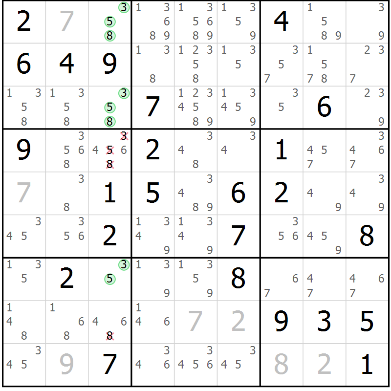 Position des candidats pour la solution de la Gr 76 page 79 du magazine de sudoku Virtuose n° 116