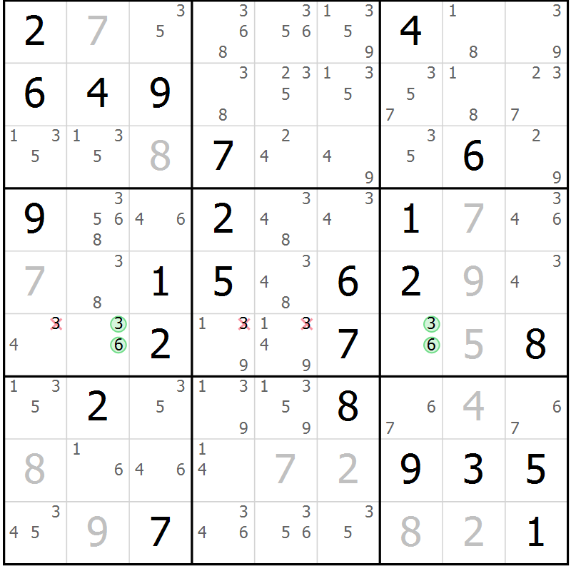 Position des candidats pour la solution de la Gr 76 page 79 du magazine de sudoku Virtuose n° 116