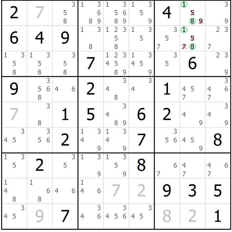 Position des candidats pour la solution de la Gr 76 page 79 du magazine de sudoku Virtuose n° 116