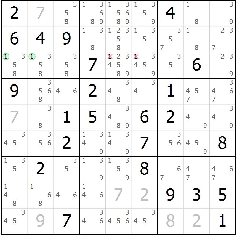Position des candidats pour la solution de la Gr 76 page 79 du magazine de sudoku Virtuose n° 116