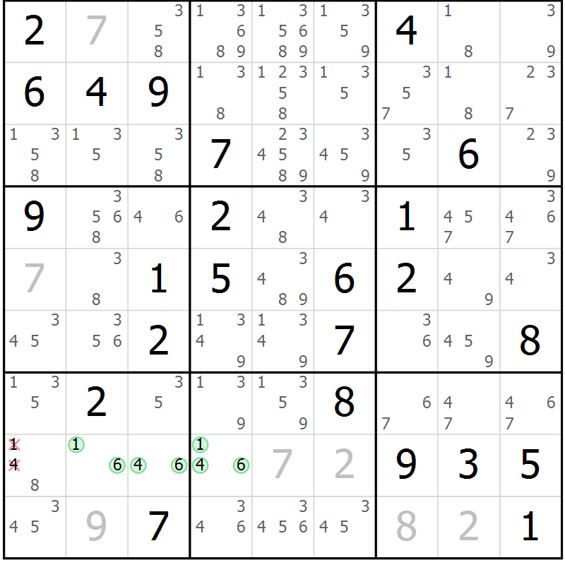 Position des candidats pour la solution de la Gr 76 page 79 du magazine de sudoku Virtuose n° 116