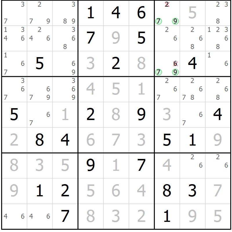 Position des candidats pour la solution de la Gr 77 page 80 du magazine de sudoku Virtuose n° 116