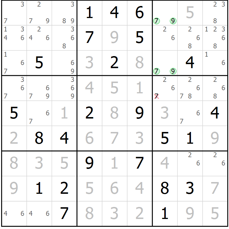 Position des candidats pour la solution de la Gr 77 page 80 du magazine de sudoku Virtuose n° 116