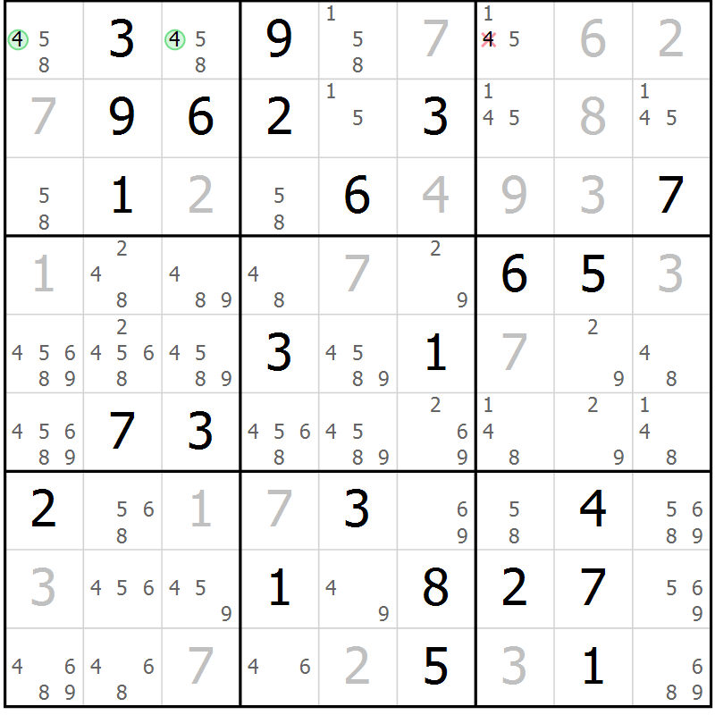 Position des candidats pour la solution de la Gr 78 page 81 du magazine de sudoku Virtuose n° 116