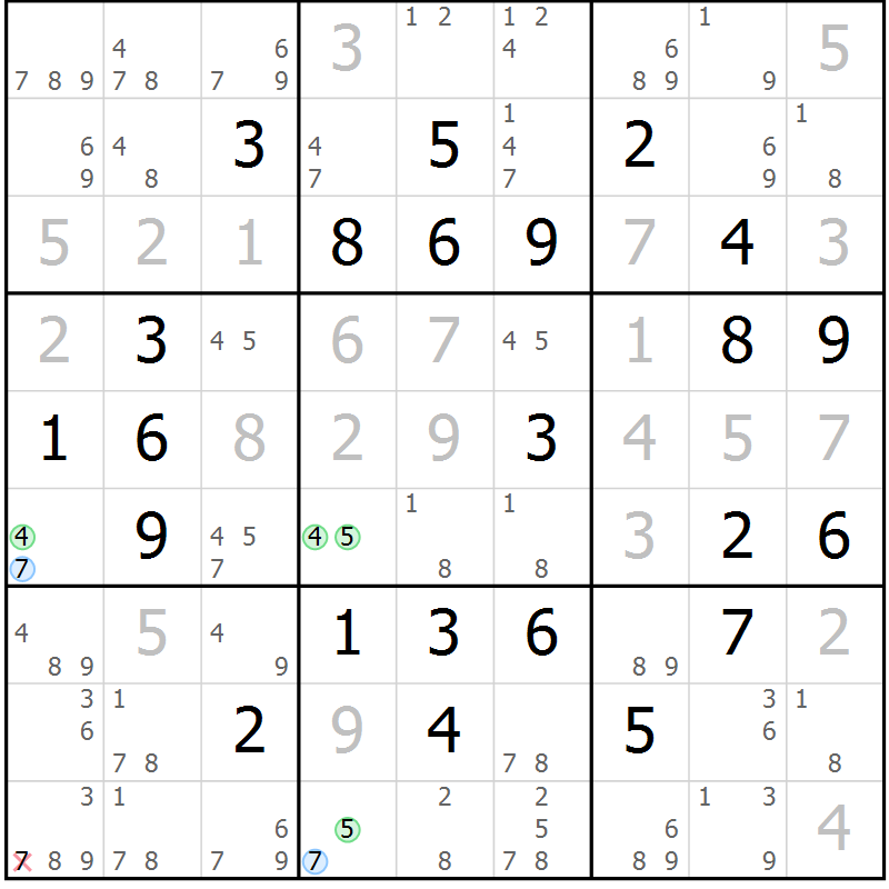 Position des candidats pour la solution de la Gr 79 page 82 du magazine de sudoku Virtuose n° 116
