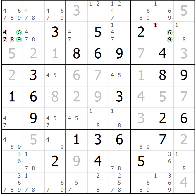 Position des candidats pour la solution de la Gr 79 page 82 du magazine de sudoku Virtuose n° 116