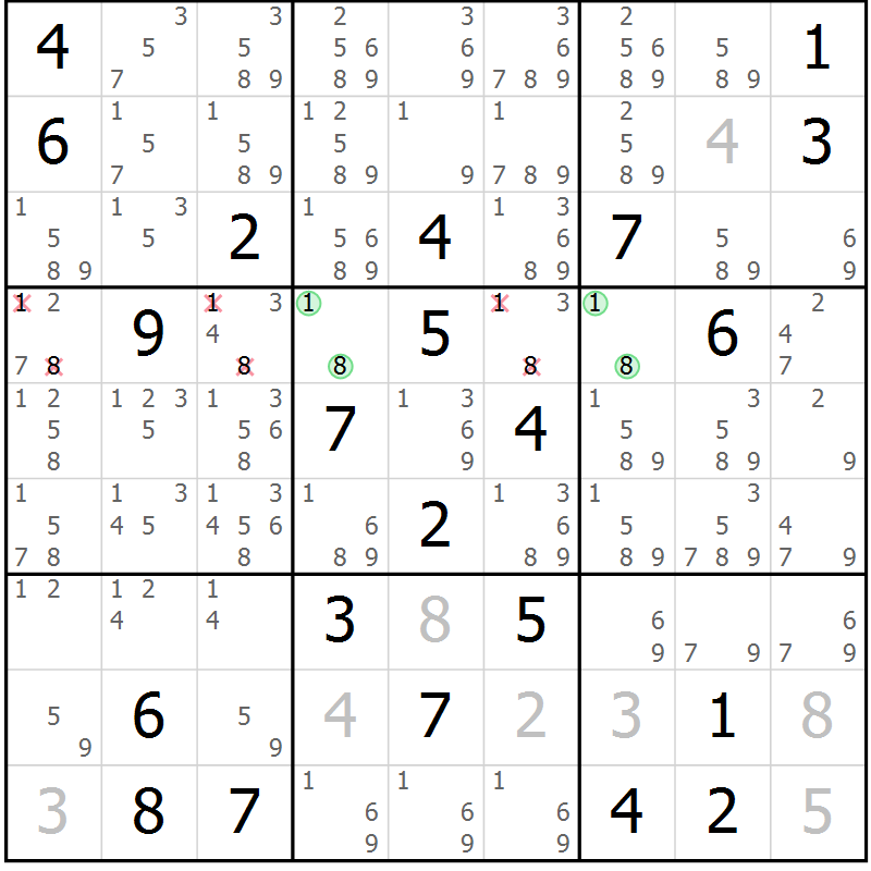 Position des candidats pour la solution de la Gr 8 page 11 du magazine de sudoku Virtuose n° 116