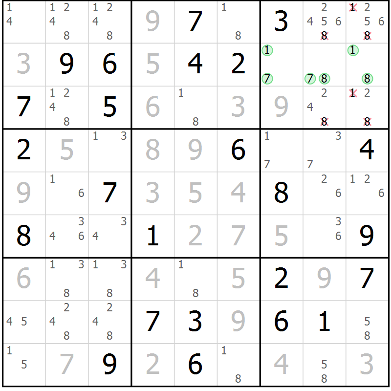Position des candidats pour la solution de la Gr 81 page 84 du magazine de sudoku Virtuose n° 116