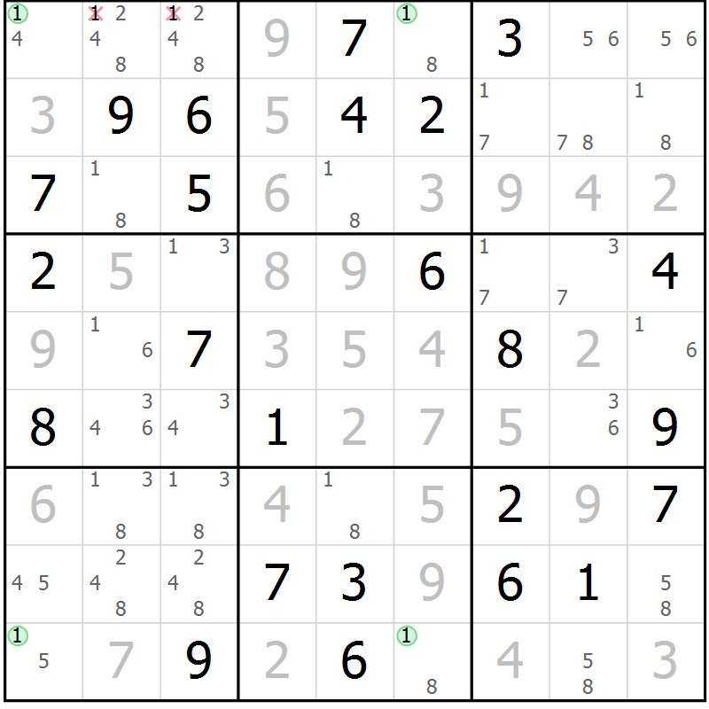 Position des candidats pour la solution de la Gr 81 page 84 du magazine de sudoku Virtuose n° 116