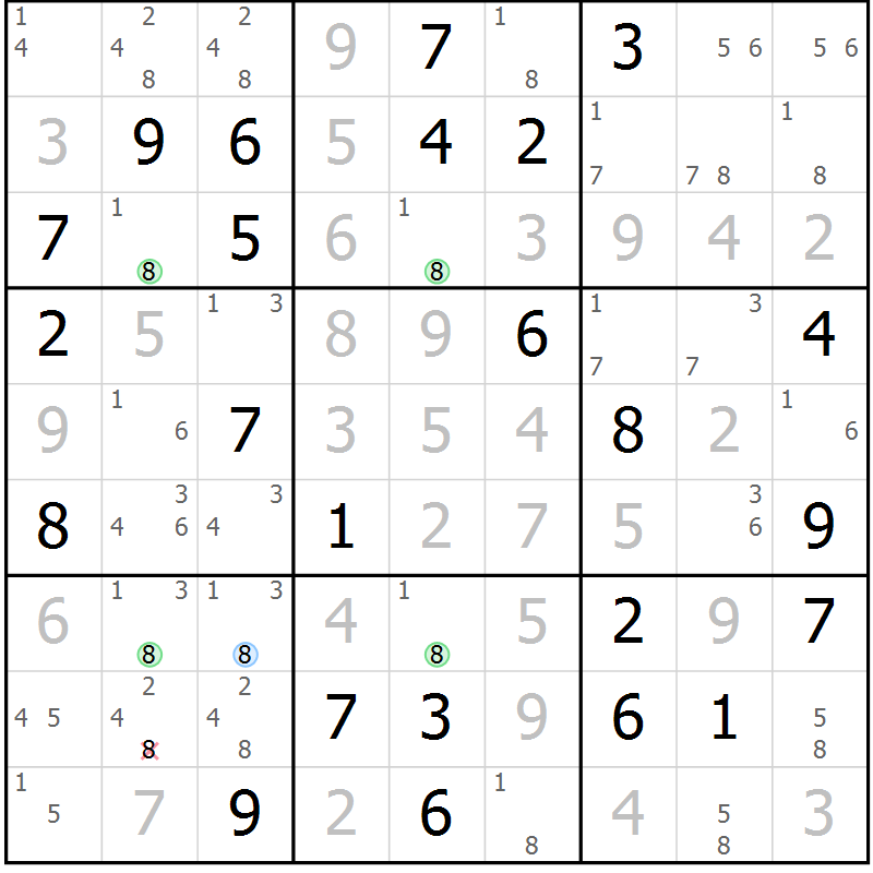 Position des candidats pour la solution de la Gr 81 page 84 du magazine de sudoku Virtuose n° 116
