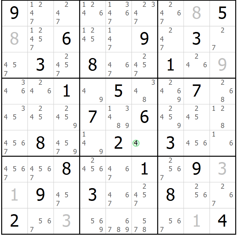 Position des candidats pour la solution de la Gr 82 page 85 du magazine de sudoku Virtuose n° 116
