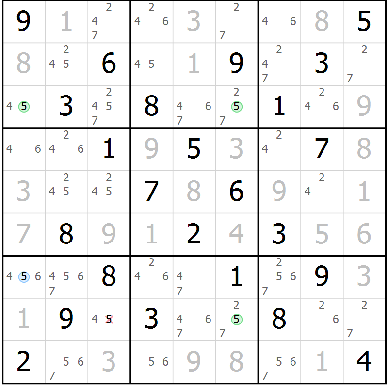 Position des candidats pour la solution de la Gr 82 page 85 du magazine de sudoku Virtuose n° 116