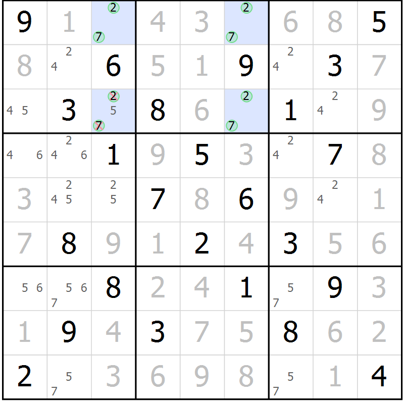 Position des candidats pour la solution de la Gr 82 page 85 du magazine de sudoku Virtuose n° 116