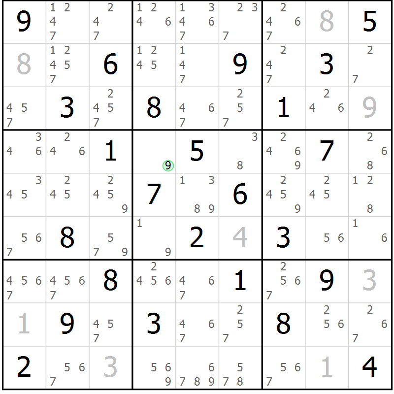 Position des candidats pour la solution de la Gr 82 page 85 du magazine de sudoku Virtuose n° 116