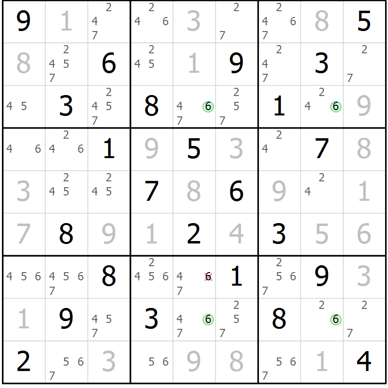 Position des candidats pour la solution de la Gr 82 page 85 du magazine de sudoku Virtuose n° 116