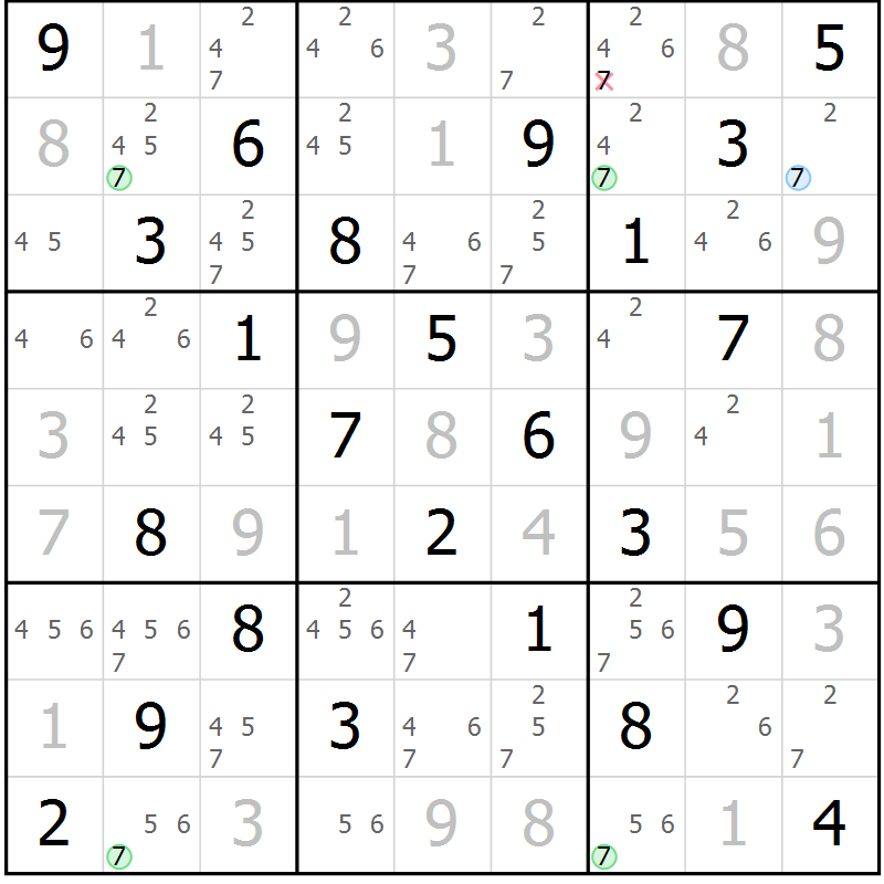 Position des candidats pour la solution de la Gr 82 page 85 du magazine de sudoku Virtuose n° 116