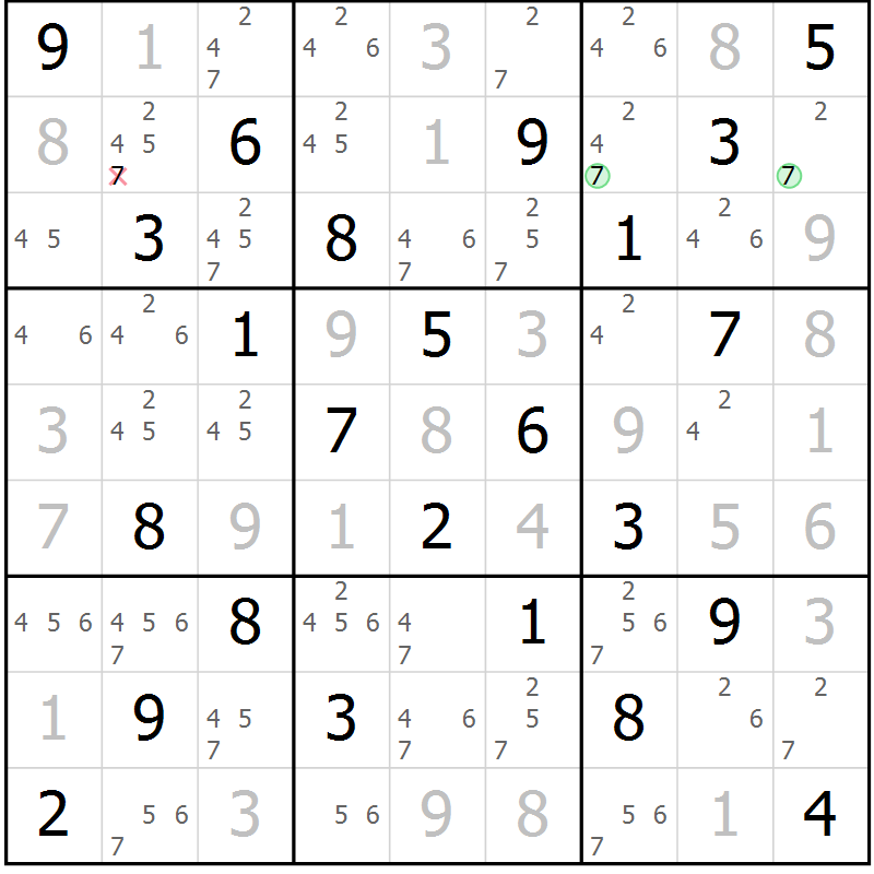 Position des candidats pour la solution de la Gr 82 page 85 du magazine de sudoku Virtuose n° 116