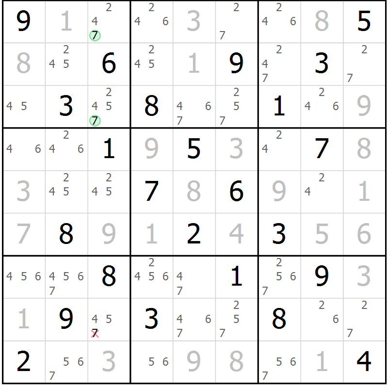 Position des candidats pour la solution de la Gr 82 page 85 du magazine de sudoku Virtuose n° 116