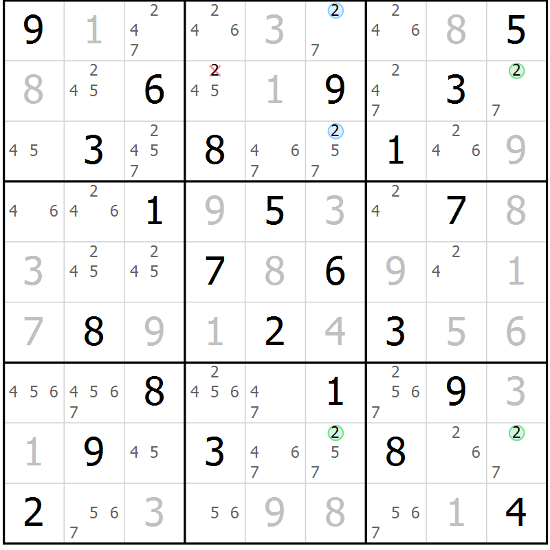 Position des candidats pour la solution de la Gr 82 page 85 du magazine de sudoku Virtuose n° 116