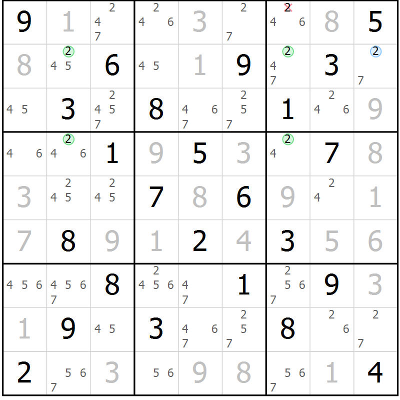 Position des candidats pour la solution de la Gr 82 page 85 du magazine de sudoku Virtuose n° 116