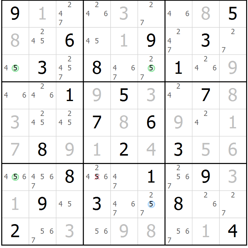 Position des candidats pour la solution de la Gr 82 page 85 du magazine de sudoku Virtuose n° 116