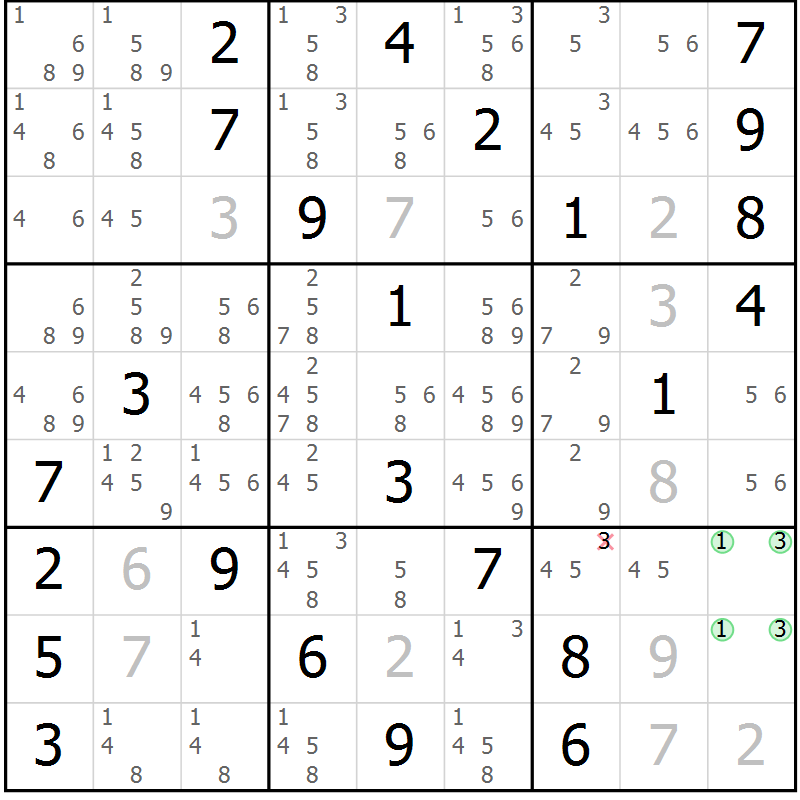 Position des candidats pour la solution de la Gr 83 page 86 du magazine de sudoku Virtuose n° 116