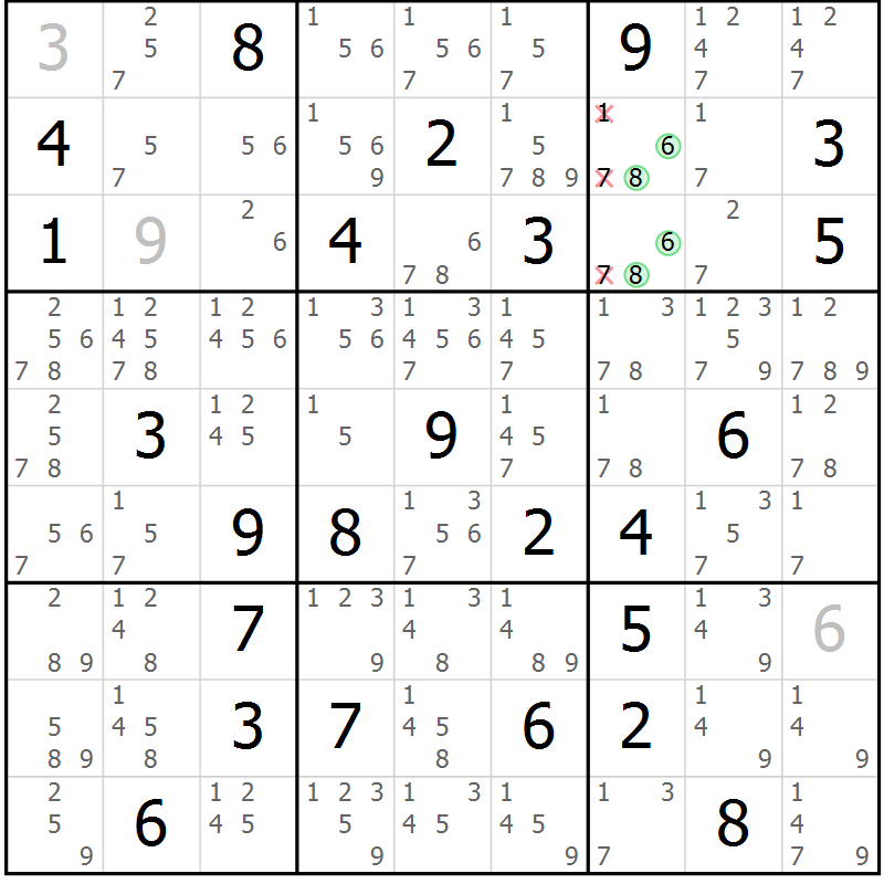 Position des candidats pour la solution de la Gr 84 page 87 du magazine de sudoku Virtuose n° 116