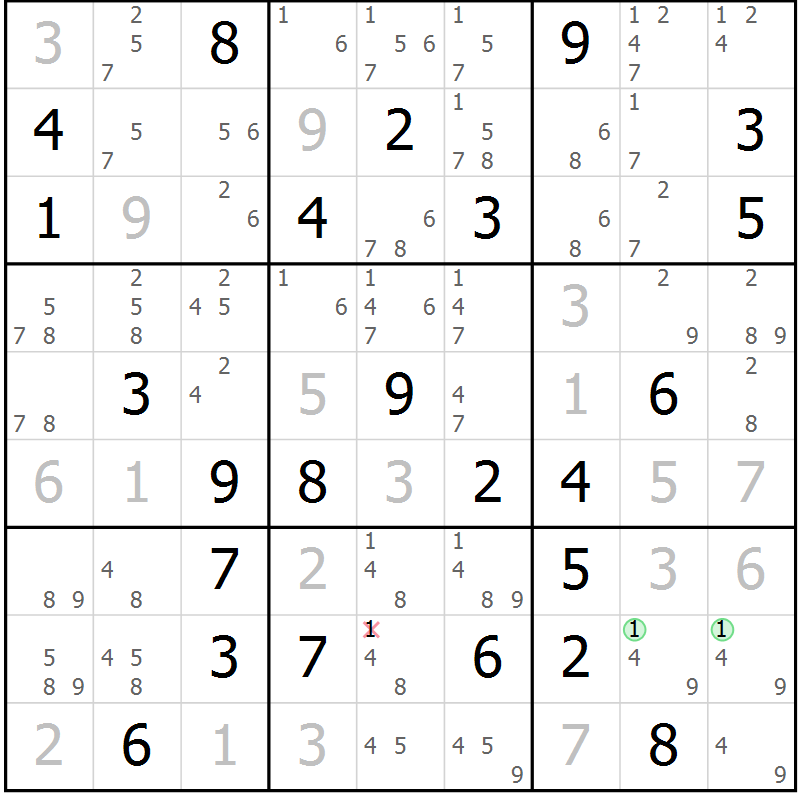 Position des candidats pour la solution de la Gr 84 page 87 du magazine de sudoku Virtuose n° 116