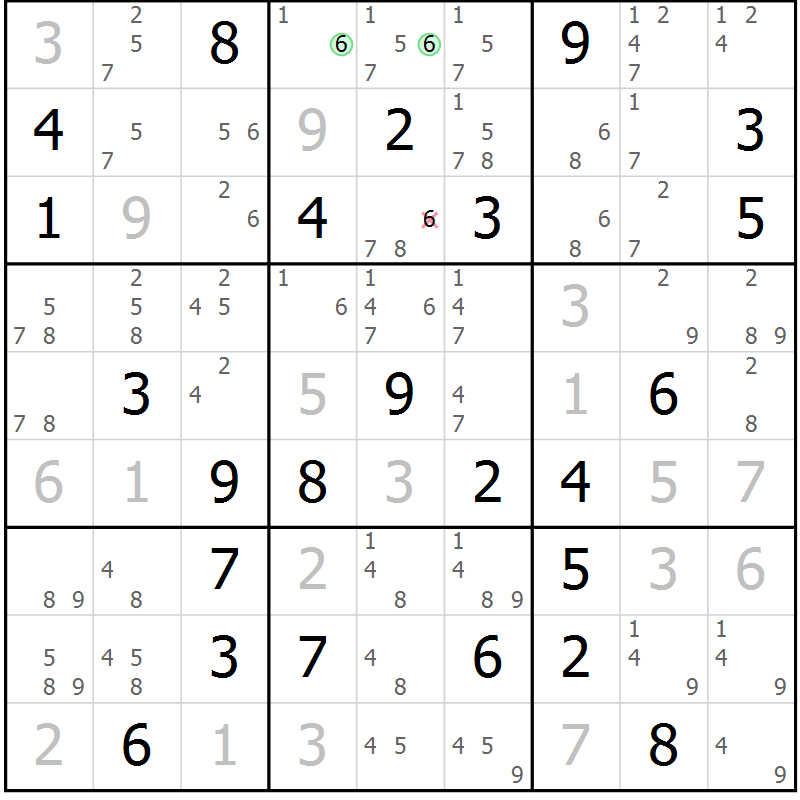 Position des candidats pour la solution de la Gr 84 page 87 du magazine de sudoku Virtuose n° 116